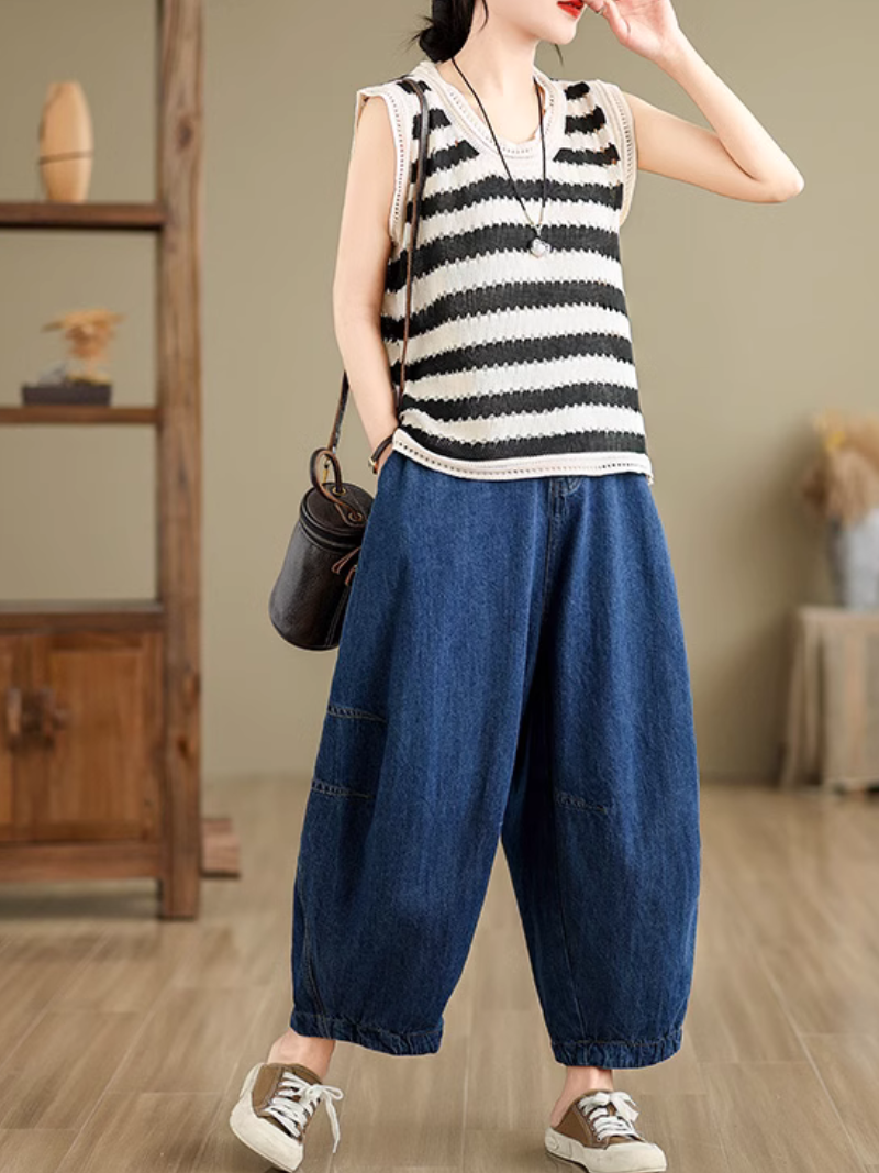 Damen Retro Lockere Lässige Hose mit weitem Bein