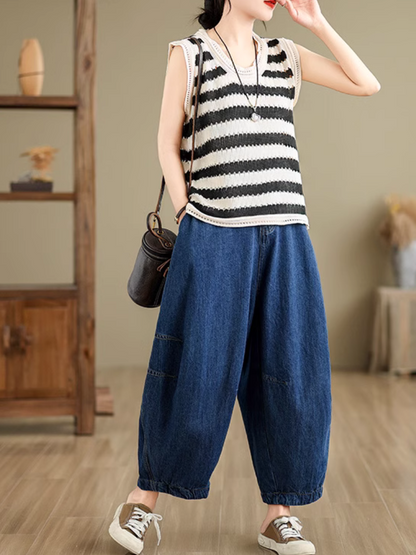 Damen Retro Lockere Lässige Hose mit weitem Bein