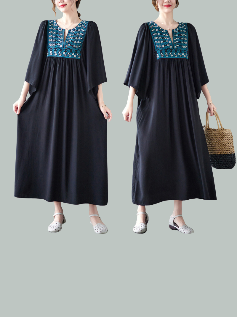 Fermez la robe A-line de poche de broderie pour femmes