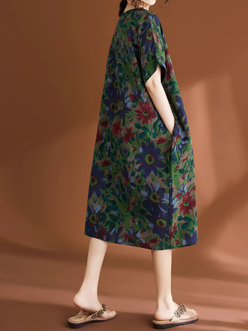 Women's Summer Flower Printed Pocket Style Midi -Dress