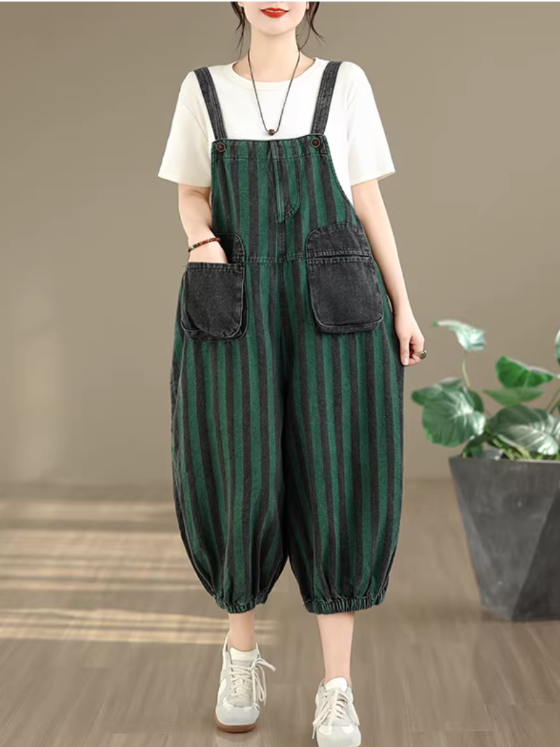 Chic striped cotton-blend harem overalls with patch pockets for women