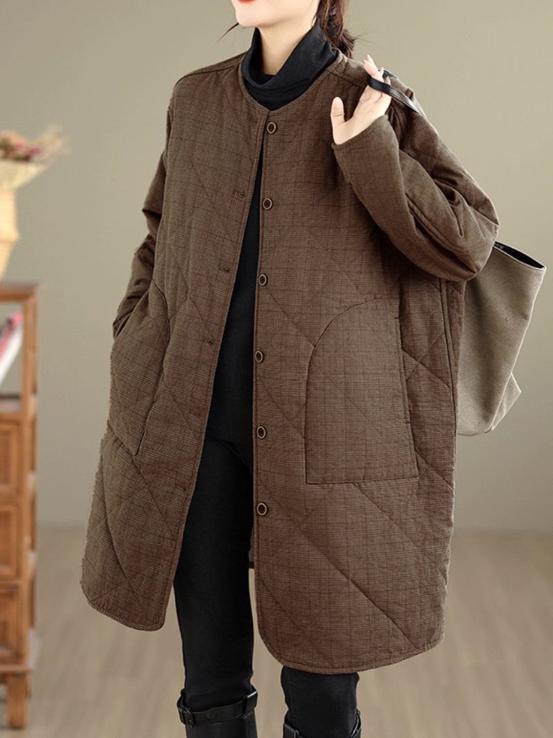 Oversized Quilted Coat with Curved Hem, Minimal Round Neck Elegance