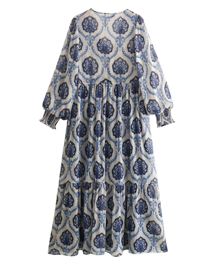 Robe imprimée en V géométrique A-Line à manches longues à manches longues à manches longues