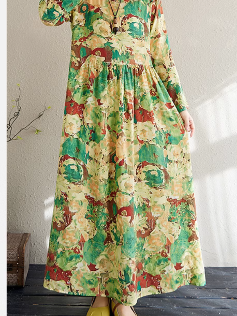 Women's Spring Loose Green Flower Printed Smock dress