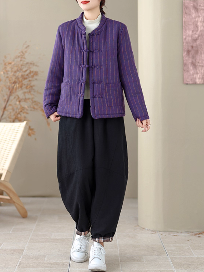 Heritage-inspired striped cotton jacket with mandarin collar, elegant women's outerwear