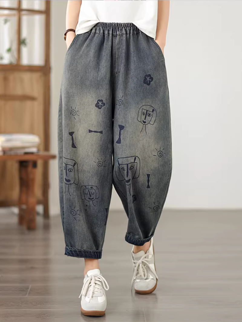 Artful Doodle Denim Cotton Tapered Pants, Relaxed Casual Women’s Jeans