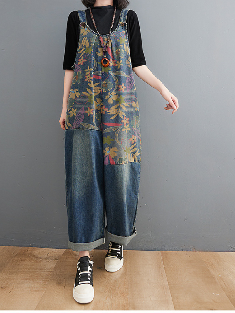 Women's Wide Leg Pant Loose Flowers Printed Overall Dungarees