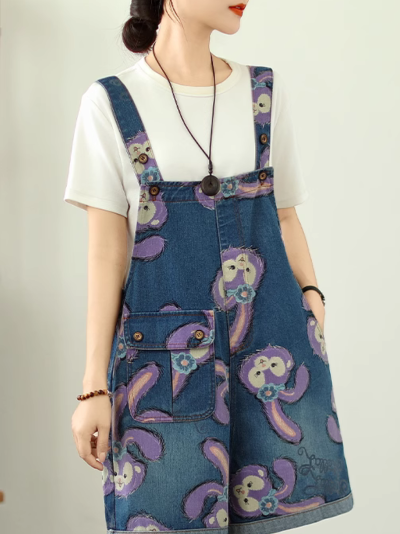 Été des femmes Beau et dessin animé Style imprimé denim Short Dungaree