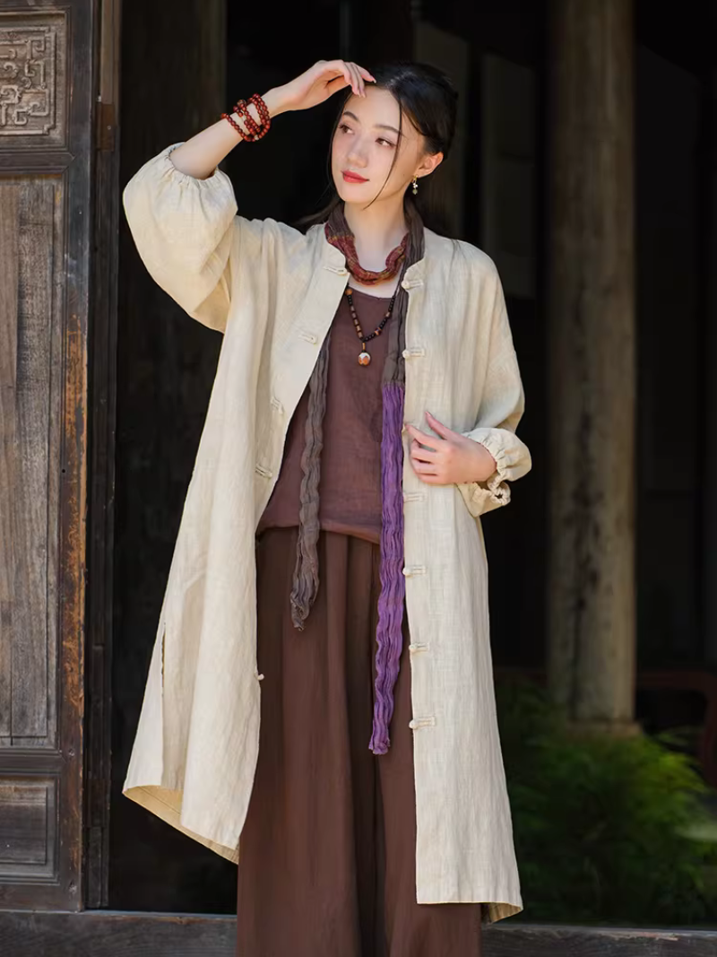 Chic Cotton Linen Mandarin-Collar Duster Coat with Frog Closures, Timeless Elegance
