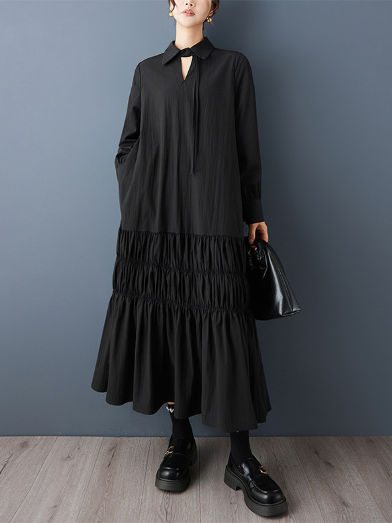 Chic Collared Tiered Maxi Dress with Tie Neck and Ruched Hem