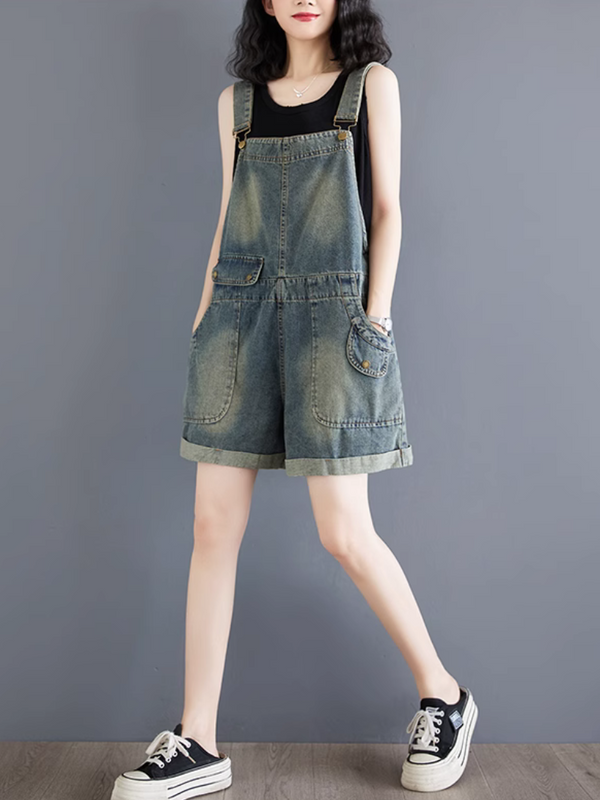 Trendy Women's High-Waist Baggy Denim Overalls Shorts | Eva Trends