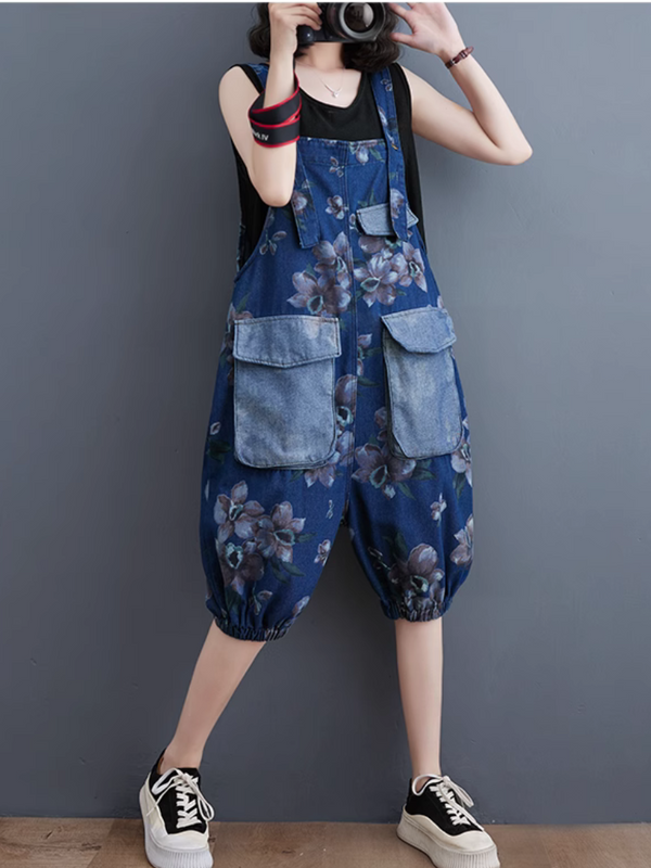Bedruckte Trägershorts für Damen, große Taschen, Overalls, Latzhose 