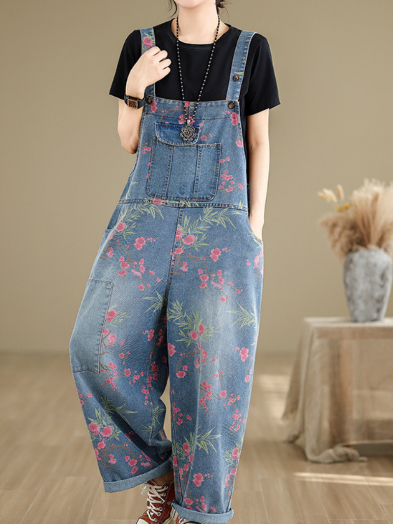 "Floral denim dungarees with pockets – oversized wide leg overalls for plus size women"