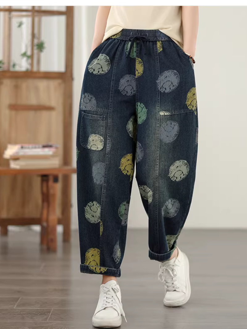 Artful Relaxed Drawstring Denim Cotton Pants, Women’s Baggy Jeans with Tapered Cuff