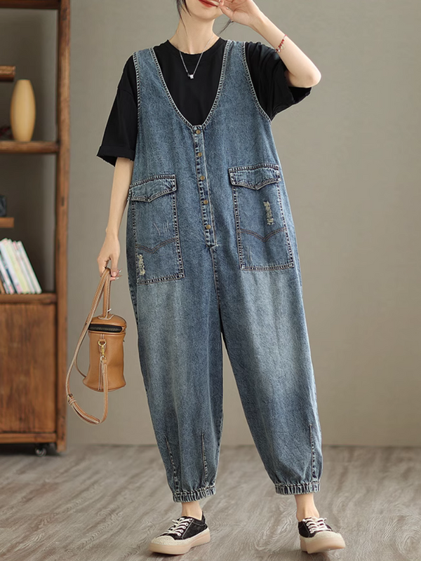 Versatile Women's High Waist Loose Denim Dungarees | Eva Trends