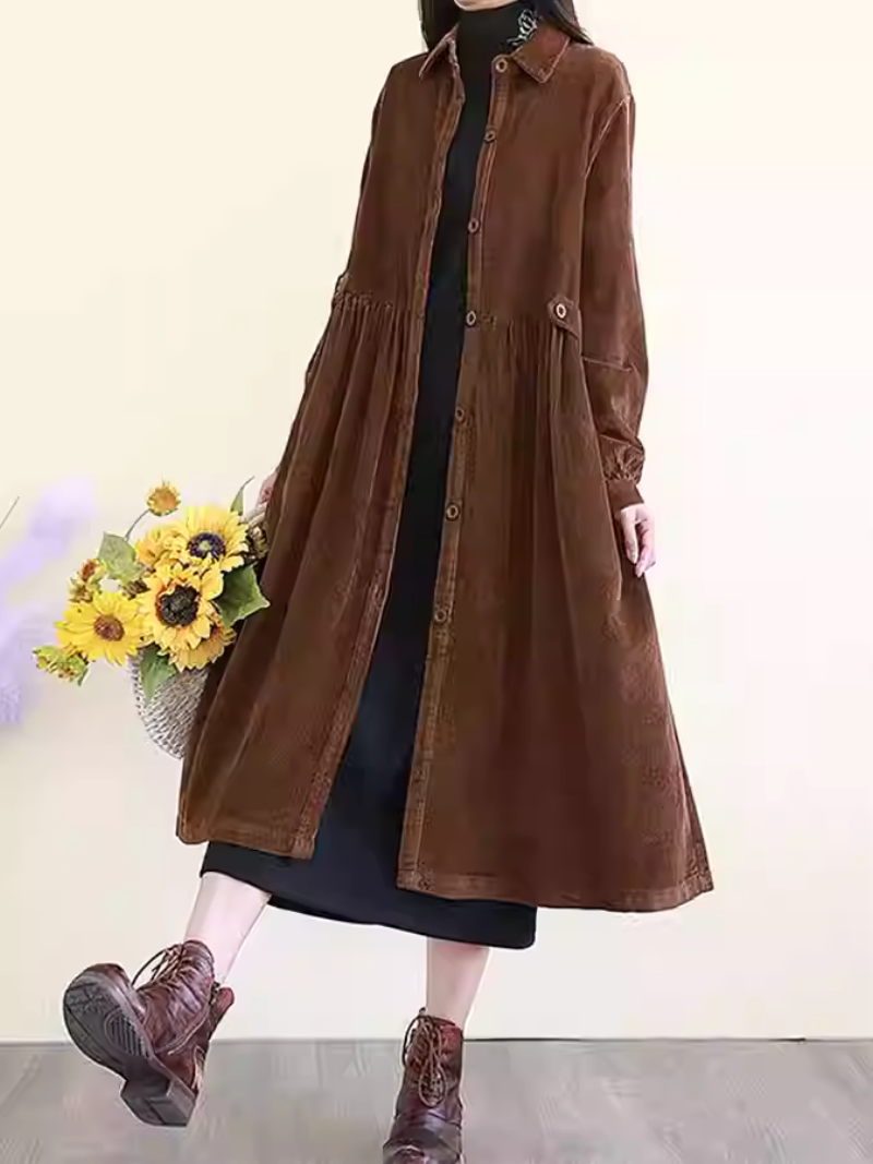 Fine Corduroy A-Line Midi Shirt Dress with Pockets and Collar
