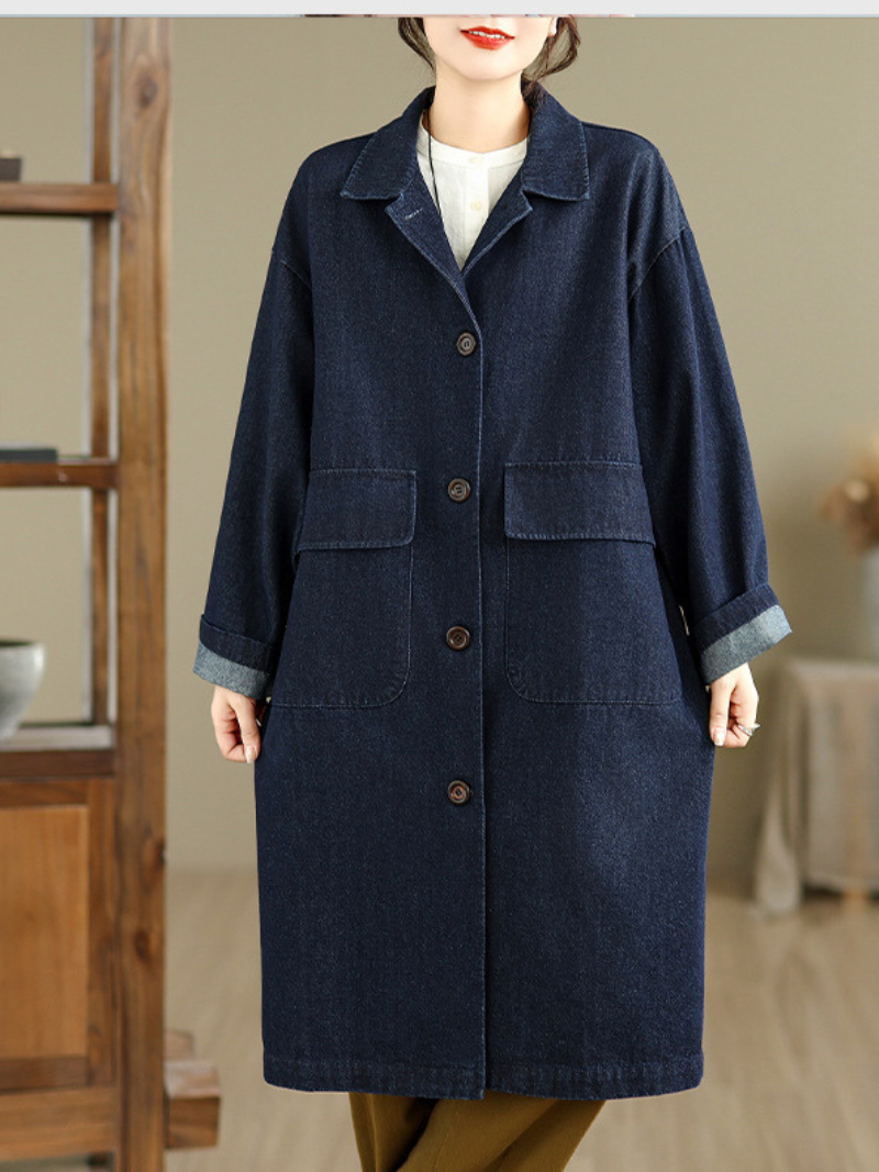 Artfully Relaxed Long Denim Cotton Coat with Notched Collar, Patch Pockets