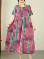 Artisanal Boho Midi Dress in Cotton Linen Blend, Relaxed Painterly Print