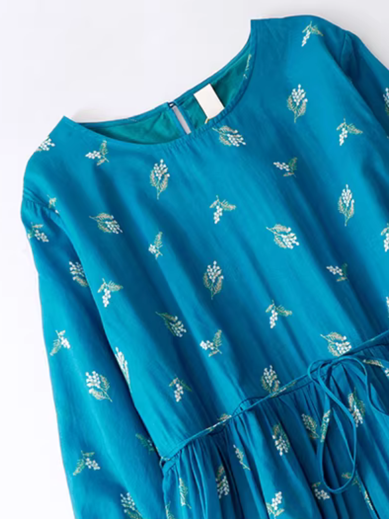 Botanical Print Boho Midi Dress with Tie Waist, Effortlessly Elegant