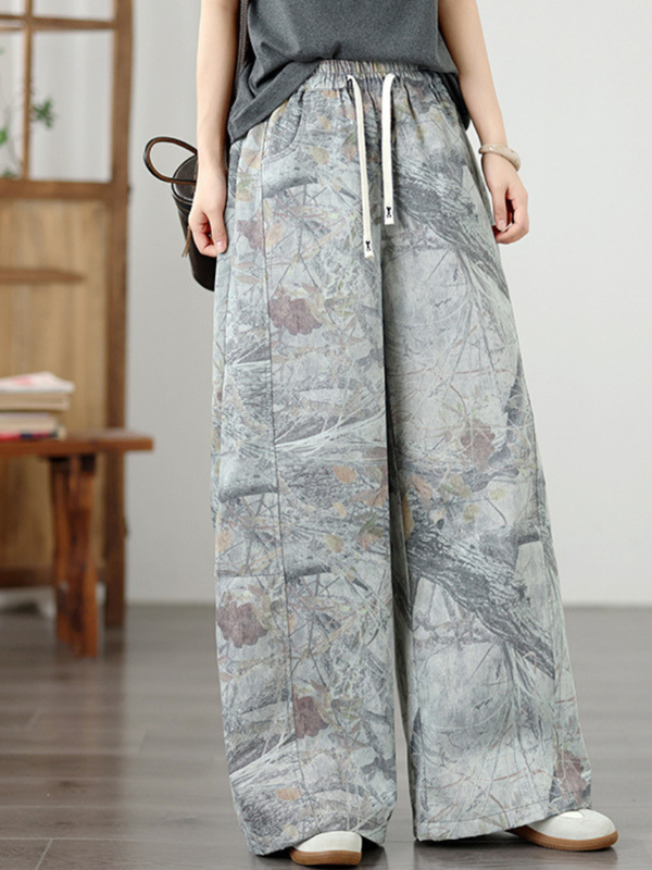 Women's Artful Wide-Leg Denim Cotton Pants with Elastic Drawstring Waist