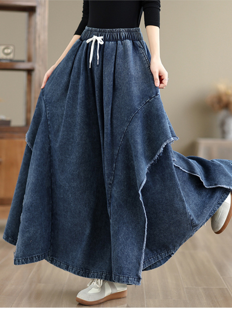 Artful A-Line Denim Maxi Skirt with Drawstring Waist, Cotton Comfort