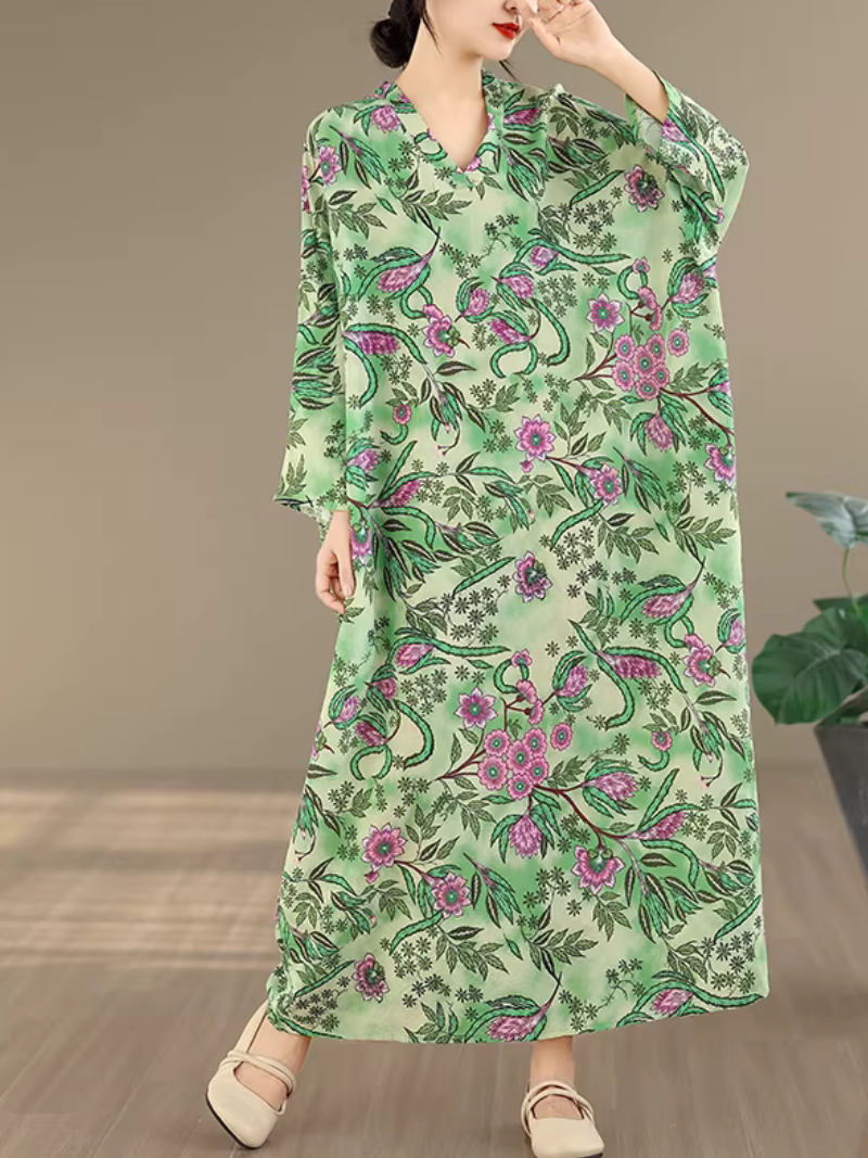 Botanical Print Maxi Kaftan Dress in Airy Artificial Cotton Elegance