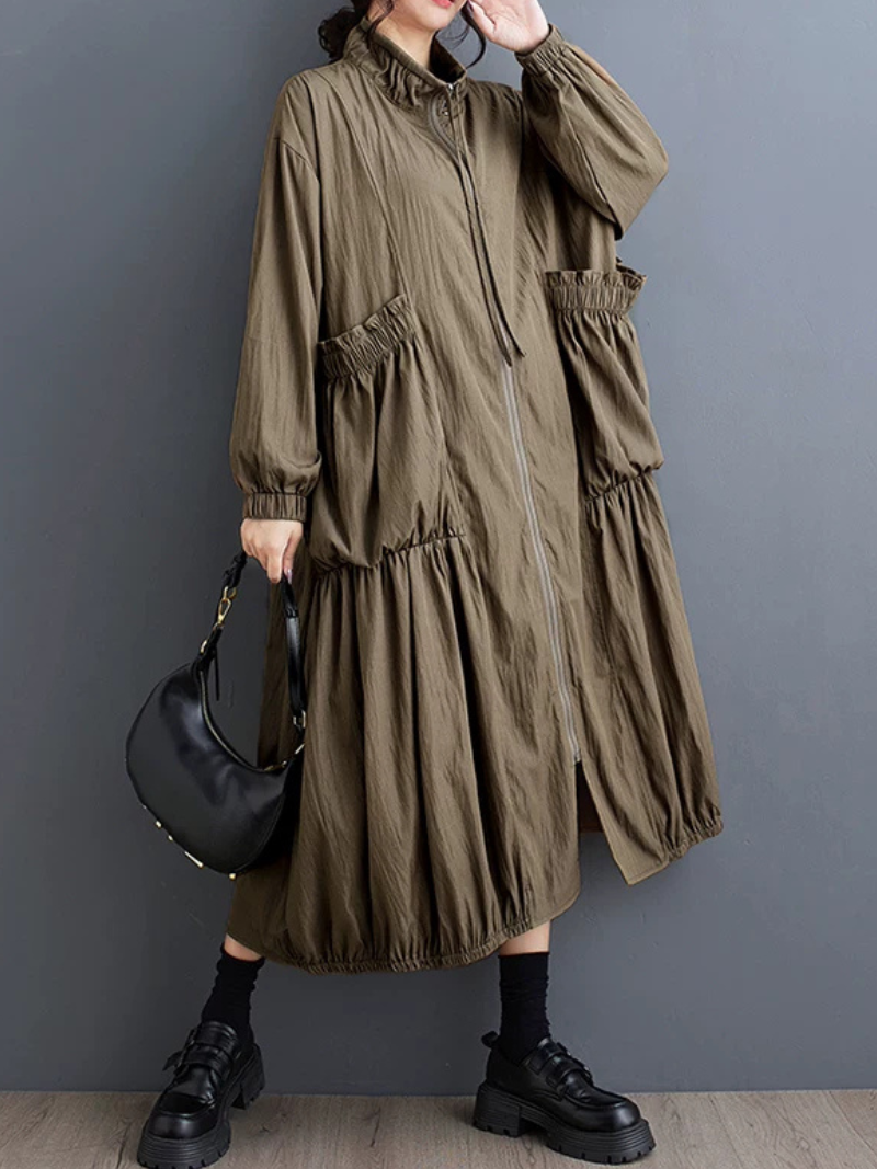 City-to-Weekend Confidence Coat-Dress — Flowing Tiered Zip-Front Midi