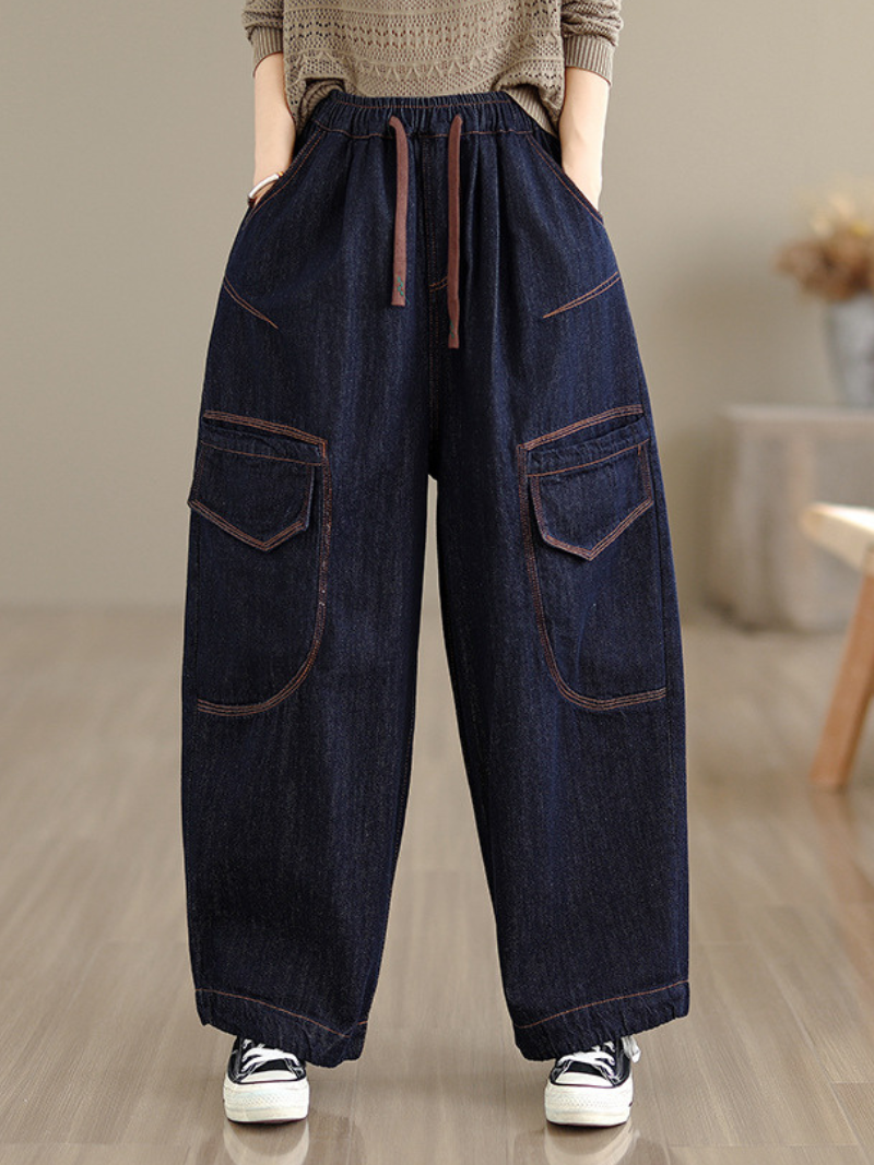 Artful Wide-Leg Denim Pants with Oversized Pockets and Drawstring Waist