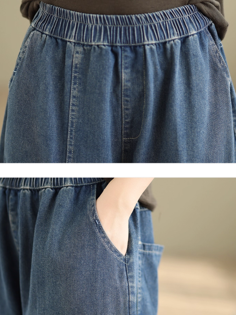 Artful Patchwork Harem Denim Pants, Relaxed Tapered Silhouette for Women