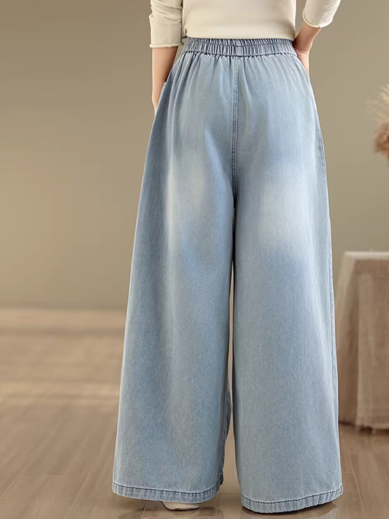 Artful Appliqué Wide-Leg Denim Cotton Pants, Relaxed High-Waist Jeans