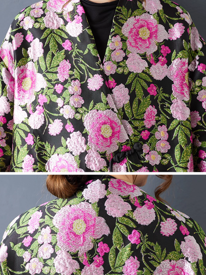 Artful Floral Jacquard Kimono Duster, Oversized Floral Coat Layering Piece