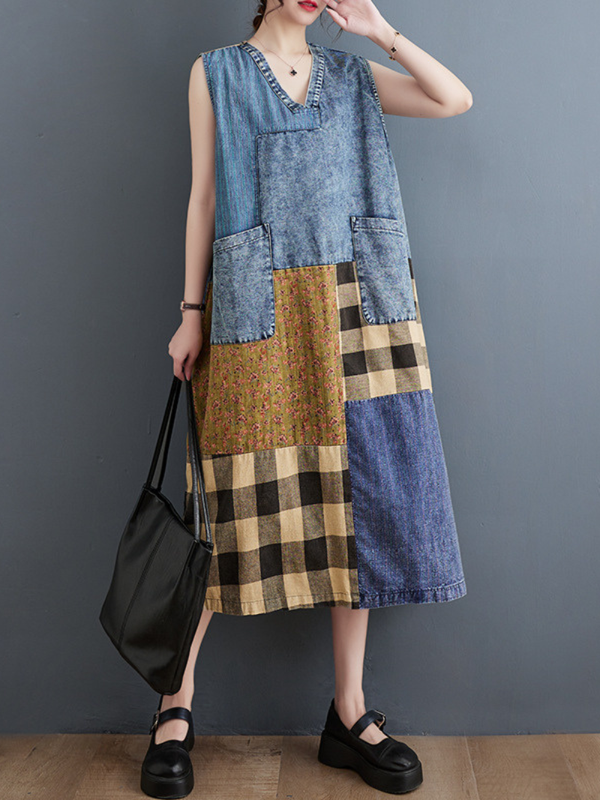 Artful Weekend Patchwork Denim Midi Dress — Relaxed, Flattering Ease with Pockets