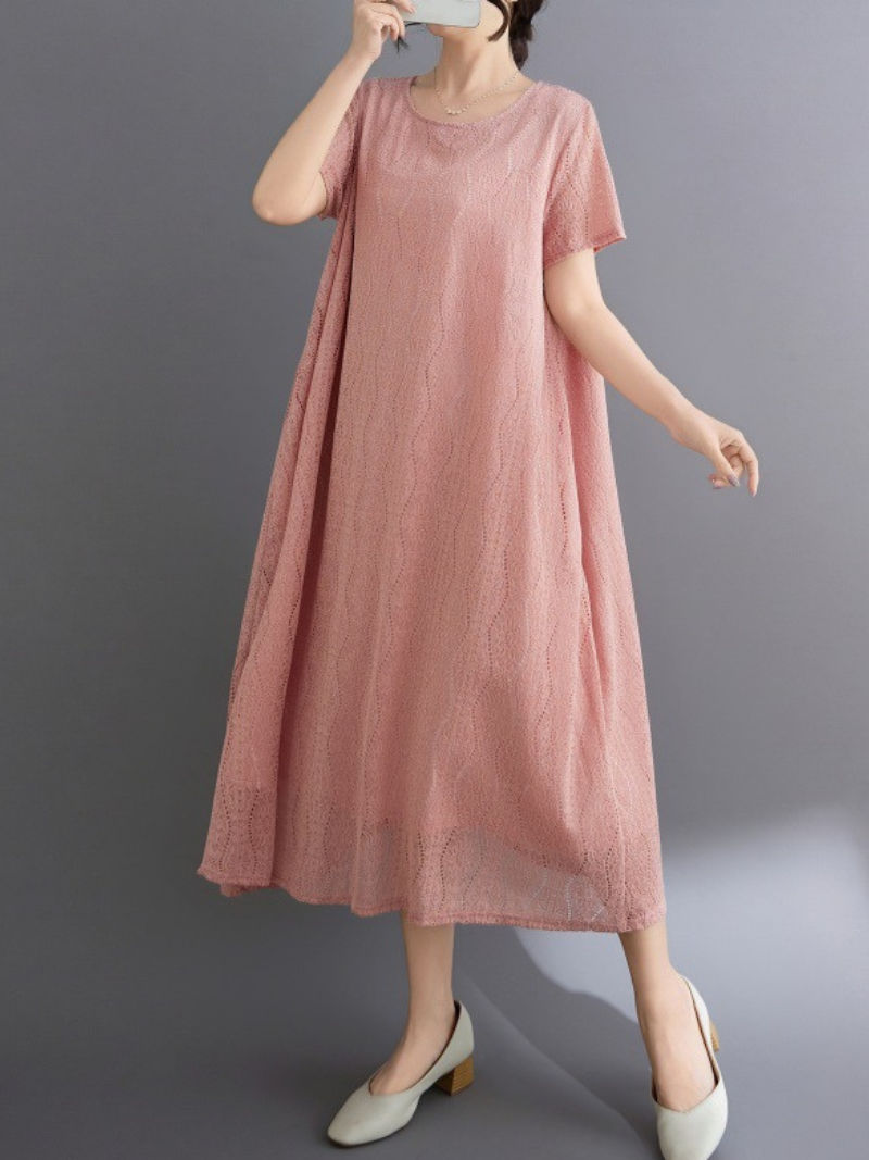 Lace-Scrolled A-Line Midi Dress with Pockets in Cotton Blend Elegance