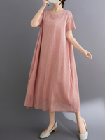 Lace-Scrolled A-Line Midi Dress with Pockets in Cotton Blend Elegance