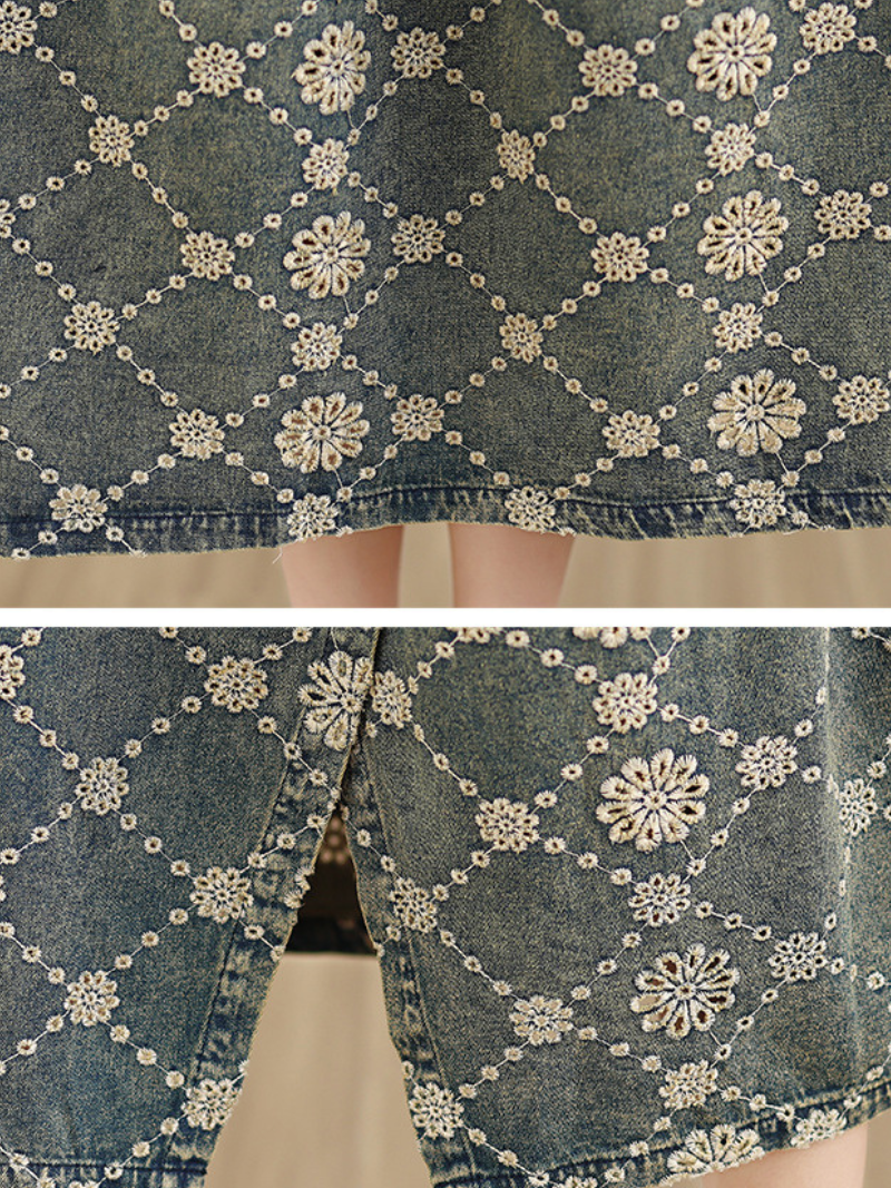 Artisanal Patchwork Denim Dress in Cotton Pinafore Silhouette, Relaxed Midi