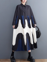 Abstract Pleated Shirt Dress Maxi with Collar, Artful Movement and Poise