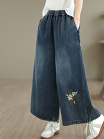 Artisan Floral Wide-Leg Denim Pants with Elastic Waist, Effortless Chic