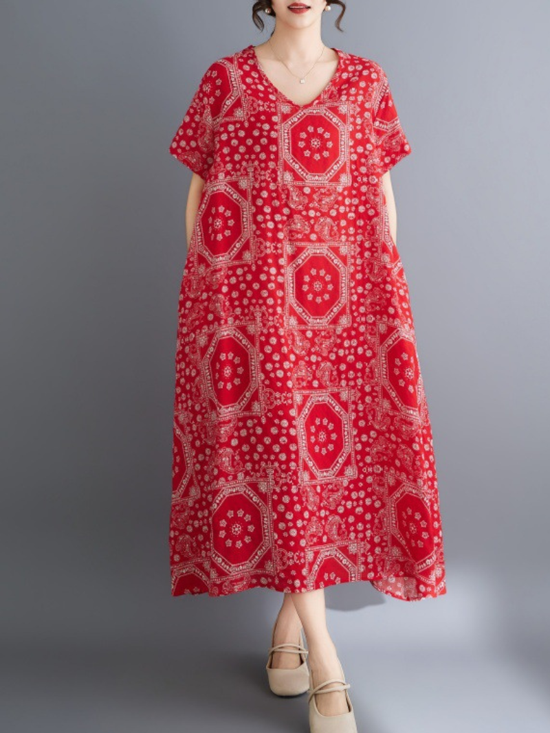 Bandana Mosaic Printed Cotton Relaxed Midi Dress with Soft Drape