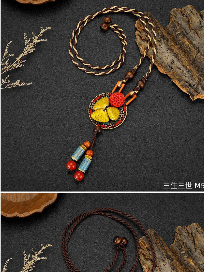 Chine esthétique de style ethnique Chaîne Rétros Retro Retro tissé de style chinois Collier en céramique Pendentif