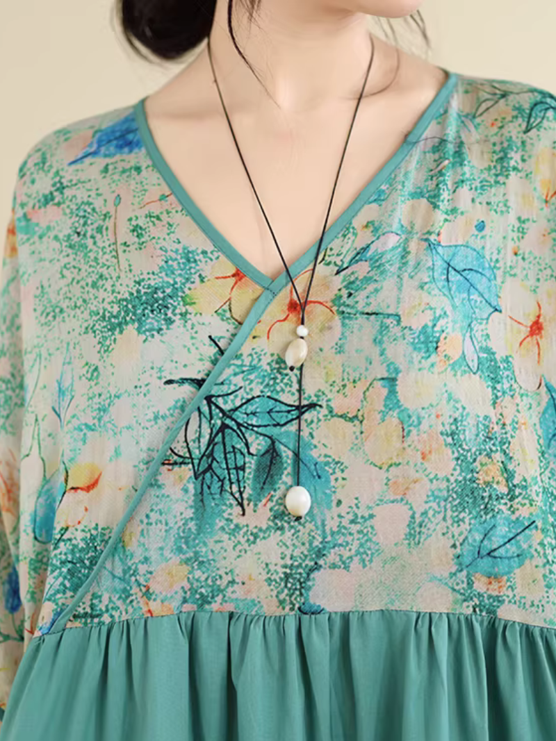 Artful Floral-Bodice V-Neck Maxi Dress in Breezy Viscose Blend Elegance