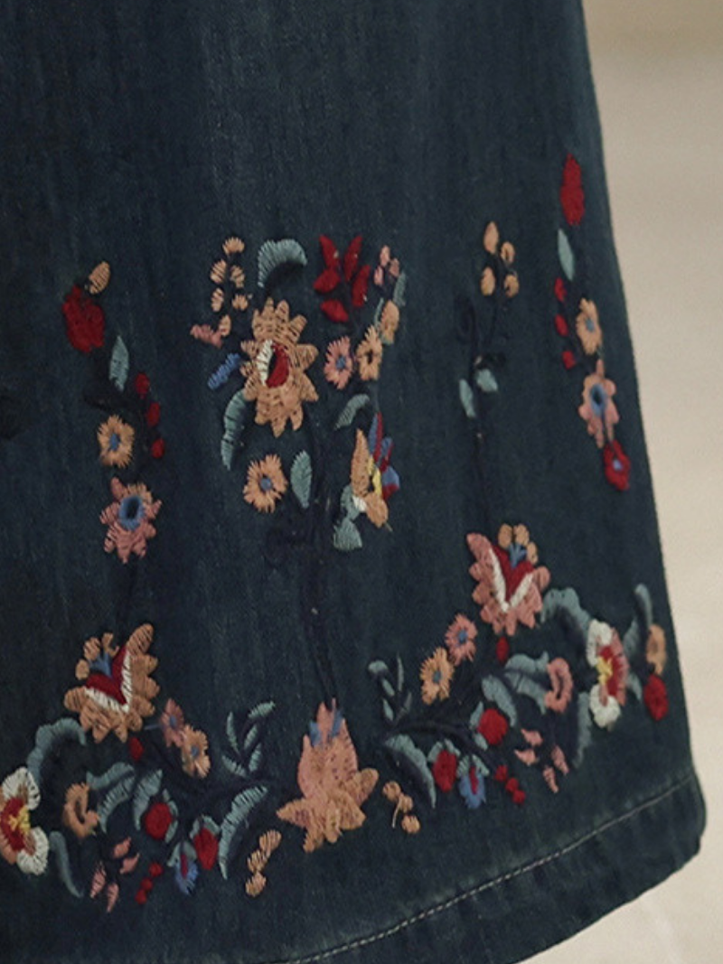 Embroidered Wide-Leg Denim Cotton Palazzo Pants with Elastic Drawstring Waist