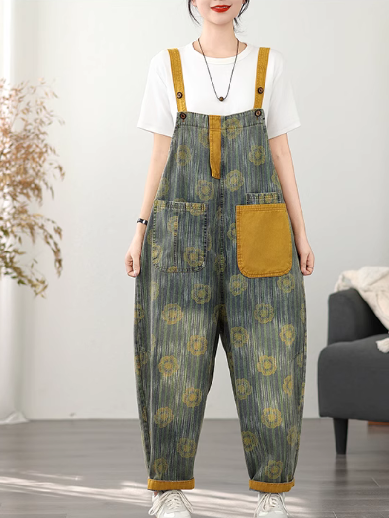 vintage floral printed denim jumpsuit