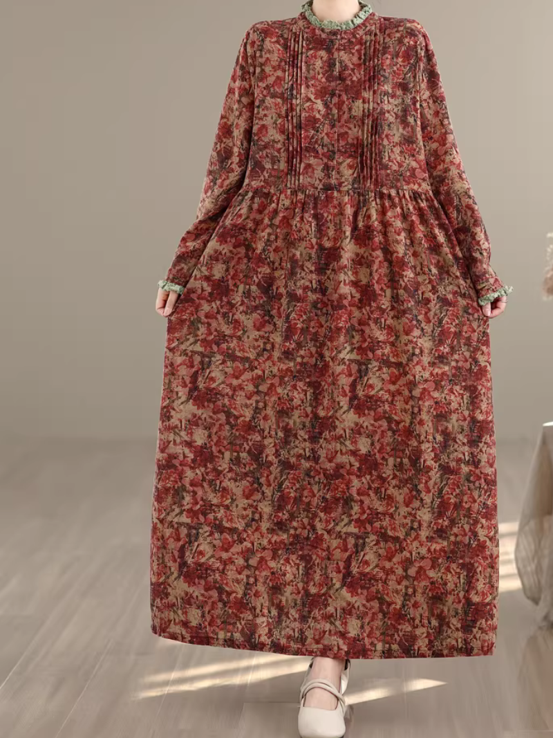 Artful Floral Cotton Boho Maxi Dress with Pintucks and Long Sleeves