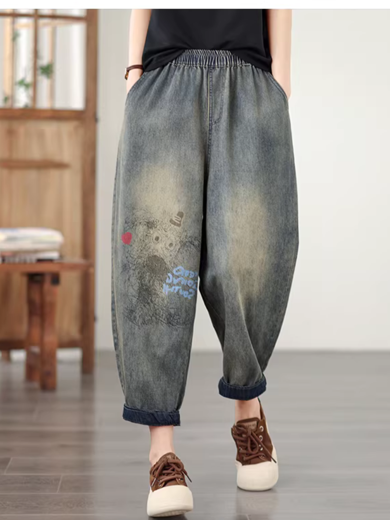 Relaxed Harem Denim Pants in Soft Denim Cotton with Elastic Waist
