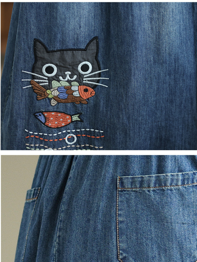 Playful Embroidered A-Line Denim Skirt with Drawstring Waist, Chic Midi