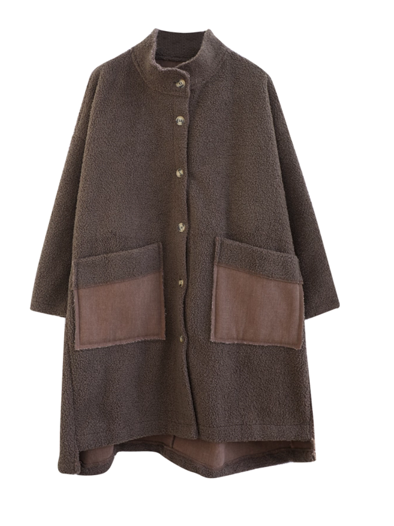 Oversized Lambskin Shearling Coat with Stand Collar and Contrast Patch Pockets
