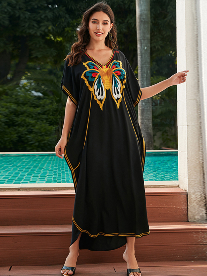 Vestido de kaftan suelto de vacaciones bordadas de comodidad y elegancia