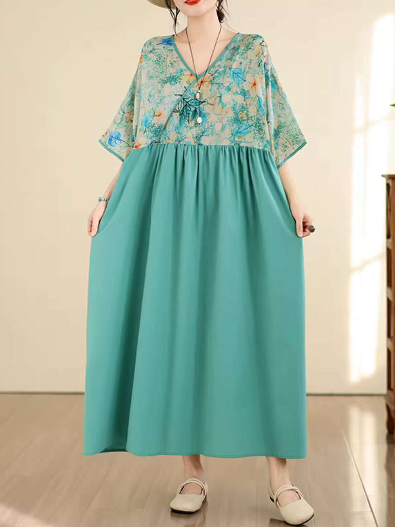 Artful Floral-Bodice V-Neck Maxi Dress in Breezy Viscose Blend Elegance