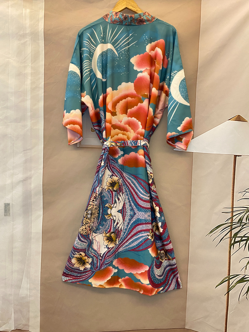 Green floral silk kimono for women