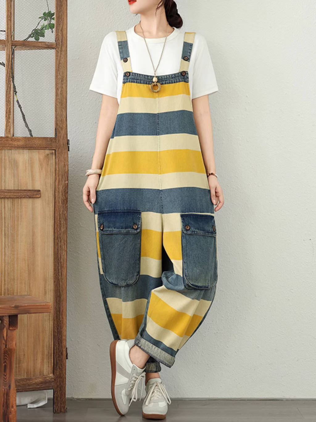 Women's  yellow and blue striped Dungaree 
